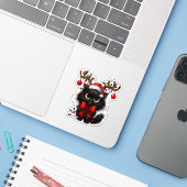 Grumpy Christmas Cat with Santa Hat and Antlers Aufkleber (Laptop mit iPhone)