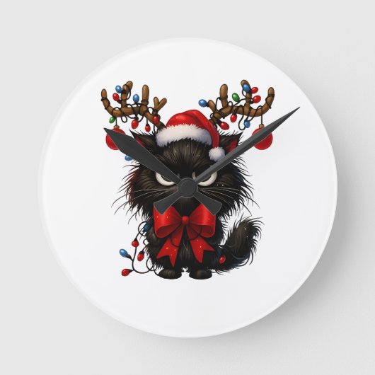 Grumpy Christmas Cat with Santa Hat and Antlers Runde Wanduhr (Vorderseite)