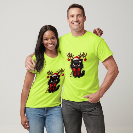 Grumpy Christmas Cat with Santa Hat and Antlers T-Shirt (Unisex)