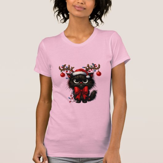 Grumpy Christmas Cat with Santa Hat and Antlers T-Shirt (Vorderseite)
