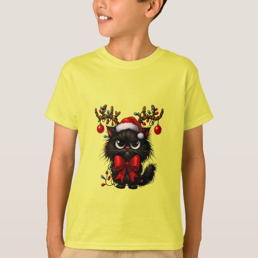 Grumpy Christmas Cat with Santa Hat and Antlers T-Shirt (Vorderseite)