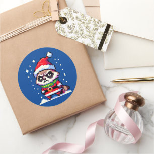 Grumpy Christmas Raccoon - Funny Pixel Art Holiday Runder Aufkleber
