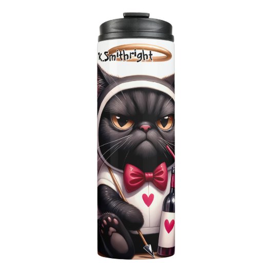 Grumpy Cupid Katze mit Wein Thermosbecher (Vorderseite)