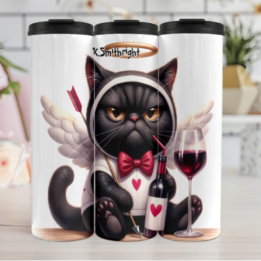 Grumpy Cupid Katze mit Wein Thermosbecher