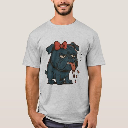 Grumpy Drooling Pug with Red Bow – Funny Dog Attit T-Shirt (Vorderseite)