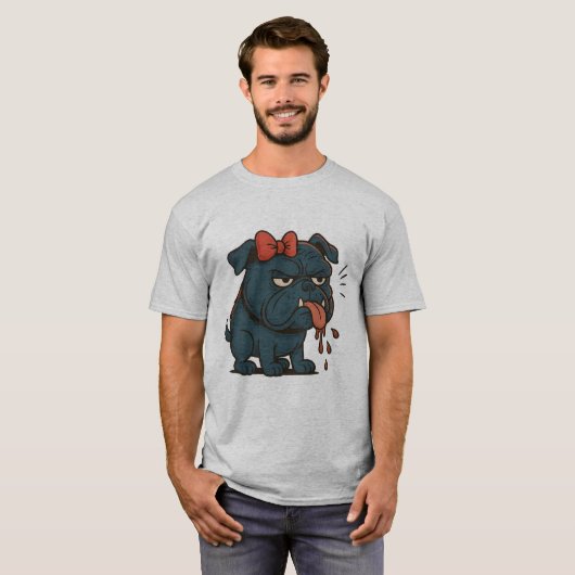 Grumpy Drooling Pug with Red Bow – Funny Dog Attit T-Shirt (Vorne ganz)