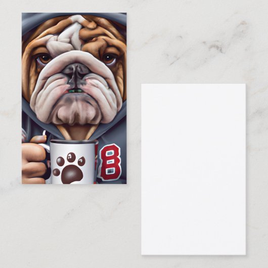 Grumpy English Bulldog in Hoody Holding Visitenkarte (Vorne/Hinten)