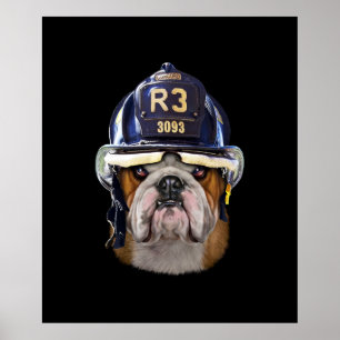 Grumpy English Bulldog Wear Firefighter Helm Poster