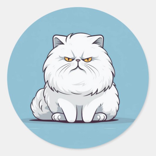 Grumpy Fat White Cat auf blauem Hintergrund Runder Aufkleber (Vorderseite)