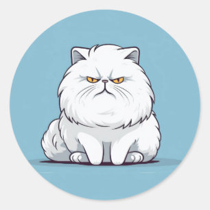 Grumpy Fat White Cat auf blauem Hintergrund Runder Aufkleber