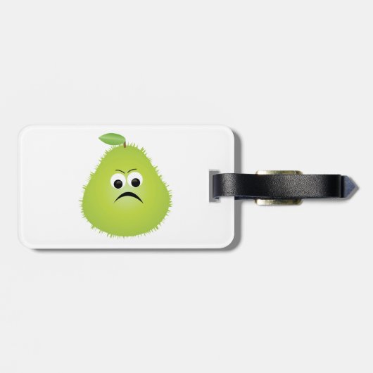 Grumpy Fuzzy Pear Face Funny Fruit Character Gepäckanhänger (Rückseite horizontal)