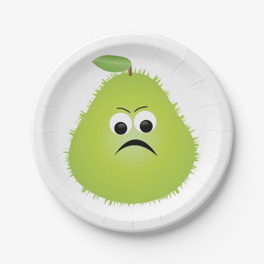 Grumpy Fuzzy Pear Face Funny Fruit Character Pappteller (Vorderseite)
