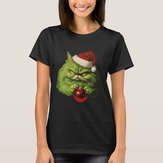 Grumpy Green Santa Cat Retro Katzenjause T-Shirt (Vorderseite)