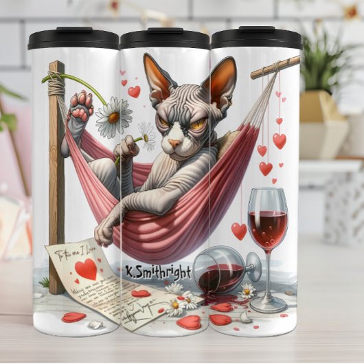 Grumpy Hairless Cat in Hammock Thermosbecher