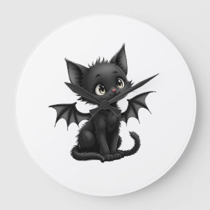 Grumpy Halloween-Schwarze Katze im Fledermauskostü Große Wanduhr