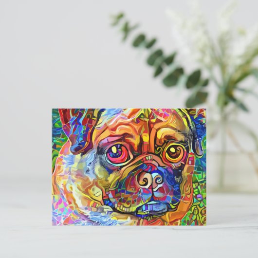 Grumpy Mops Dog Impressionist Pet Portrait Postkarte (Stehend Vorderseite)