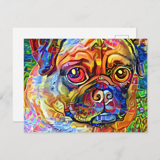 Grumpy Mops Dog Impressionist Pet Portrait Postkarte (Vorne/Hinten)