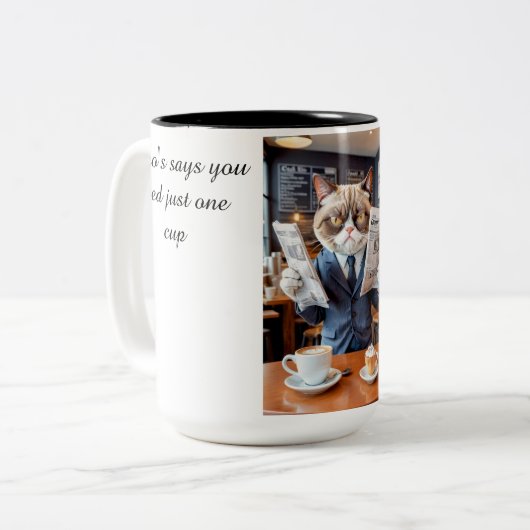 Grumpy Office Cat im Café Zweifarbige Tasse (Vorderseite Links)