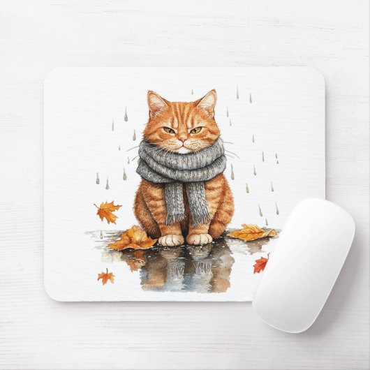 Grumpy Orange Cat in Rain Mousepad (Mit Mouse)