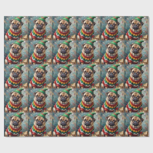 Grumpy Pug Dog in Elf Hat Funny Christmas Art Geschenkpapier (Flach)