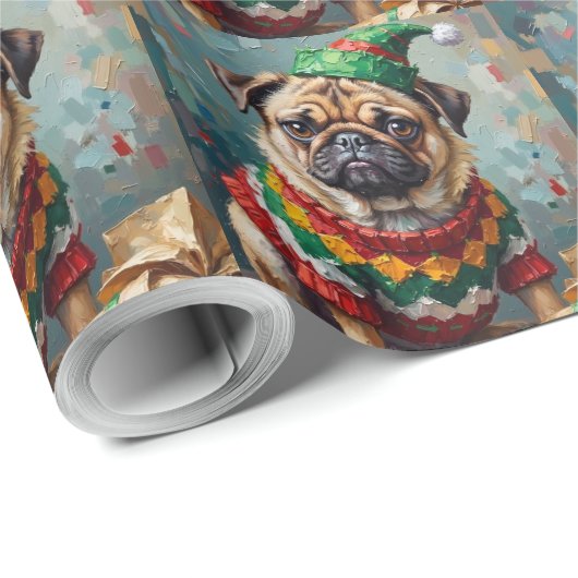 Grumpy Pug Dog in Elf Hat Funny Christmas Art Geschenkpapier (Rolleneckpunkt)