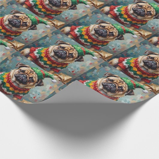 Grumpy Pug Dog in Elf Hat Funny Christmas Art Geschenkpapier (Ecke)