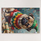 Grumpy Pug Dog in Elf Hat Funny Christmas Art Puzzle (Horizontal)