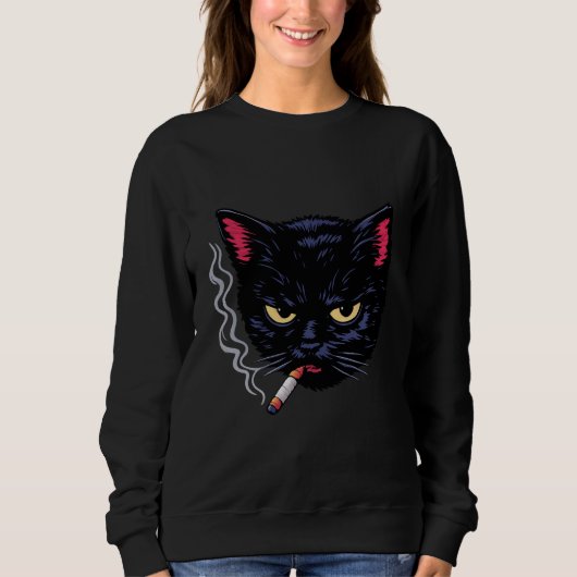 Grumpy Smoking Black Cat Y2K Attitude Retro Design Sweatshirt (Vorderseite)