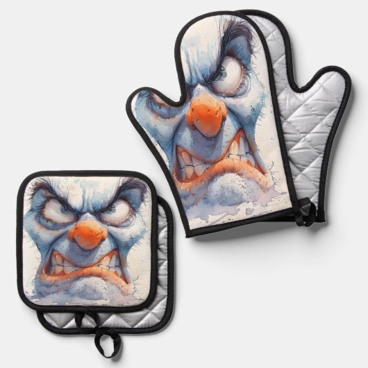 Grumpy Snowman Oven Mitt and Pot Holder Set (Vorderseite/Rückseite)