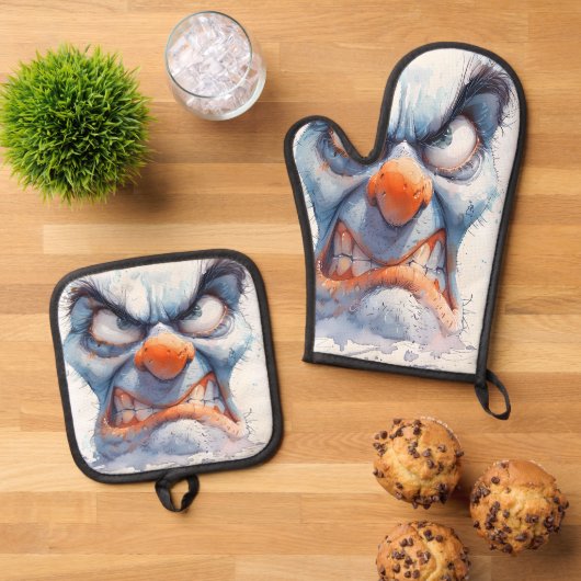Grumpy Snowman Oven Mitt and Pot Holder Set (Oben Unten)