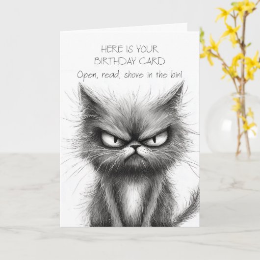 Grumpy Spaß Cat in Simple Black and White Sketch Karte (Gelbe Blume)