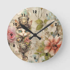 Grumpy Steampunk Cat Collage Vintag Paper Rose Runde Wanduhr