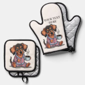 Grumpy Welpe vor dem Kaffee Personalisieren Sie de Ofenhandschuh & Topflappen-Set (Vorderseite/Rückseite)