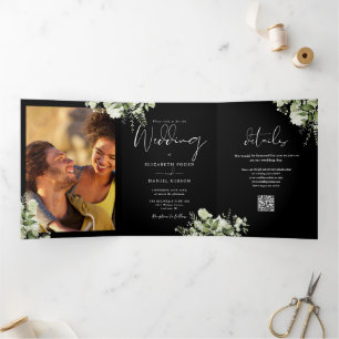 Grün 2 Foto QR Code Schwarz-Weiß-Hochzeit Dreifach Gefaltete Einladung