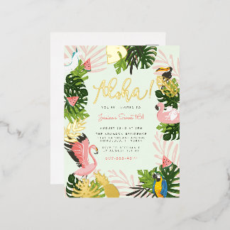 Grün | Aloha Hawaii Tropical Gold Geburtstagsparte Folie Einladungspostkarte