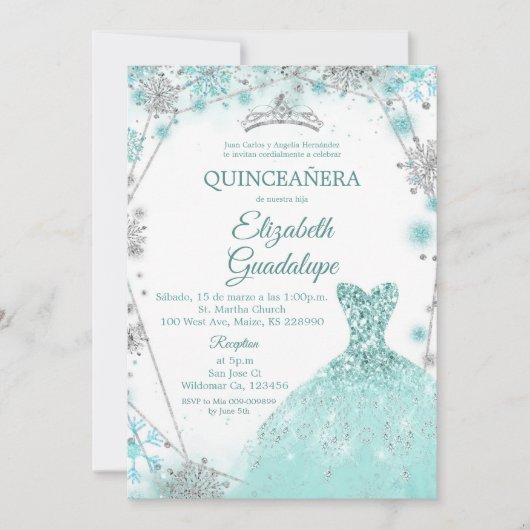 Grün Aquamarin Silver Winter Snowflake Quinceanera Einladung (Vorderseite)