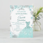 Grün Aquamarin Silver Winter Snowflake Quinceanera Einladung (Stehend Vorderseite)