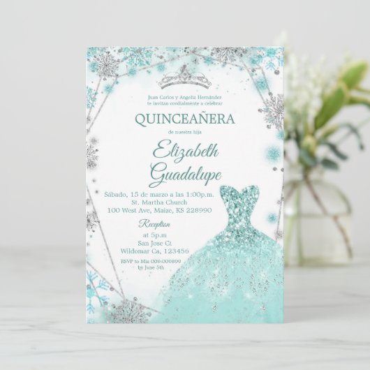 Grün Aquamarin Silver Winter Snowflake Quinceanera Einladung (Stehend Vorderseite)