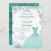 Grün Aquamarin Silver Winter Snowflake Quinceanera Einladung (Vorne/Hinten)