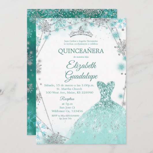 Grün Aquamarin Silver Winter Snowflake Quinceanera Einladung (Vorne/Hinten)