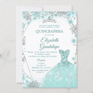 Grün Aquamarin Silver Winter Snowflake Quinceanera Einladung