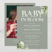 Grün Baby in Blütenblütendusche Foto Einladung (Vorne/Hinten)