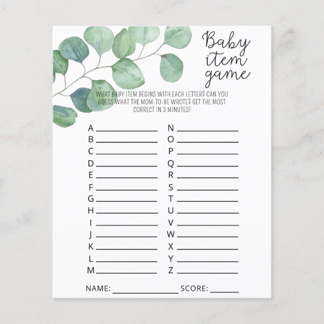 Grün - Baby Item Game. Baby Shower Game (Vorderseite)