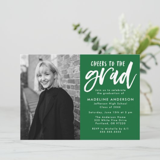 Grün | Beifall zur Grand Script Graduation Party Einladung (Stehend Vorderseite)