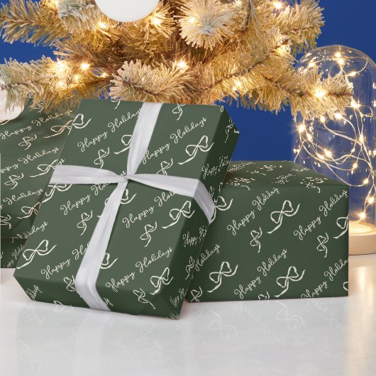 Grün Beige Frohe Feiertage Schleifenmuster Geschenkpapier (Feiertage)