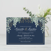 Grün Blätter auf Dunkelblau anzeigen | Hochzeit Einladung (Stehend Vorderseite)