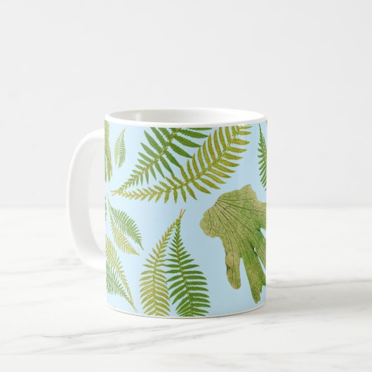 Grün Blätter Blau Farbe. Leaf Pattern Kaffeetasse (Vorderseite Links)