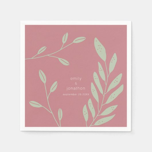 Grün Blätter Dusty Rose Namen Datum Hochzeit Serviette (Vorderseite)