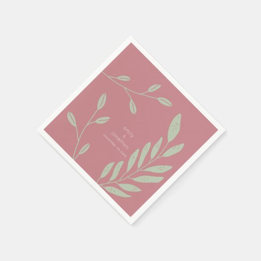 Grün Blätter Dusty Rose Namen Datum Hochzeit Serviette (Ecke)