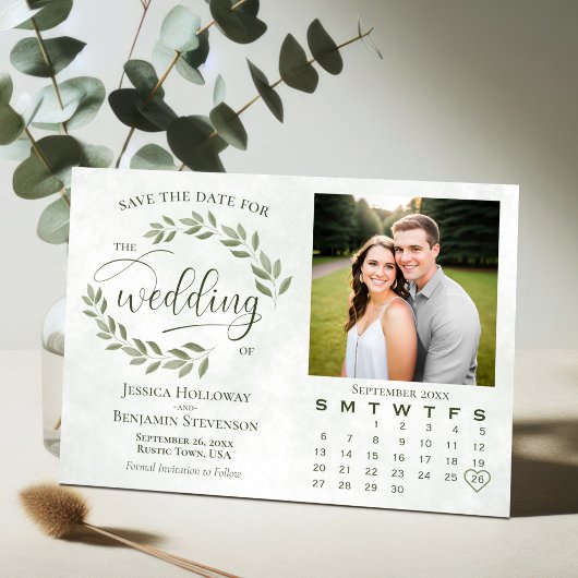 Grün Blätter Foto & Kalender Rustikale Hochzeit Save The Date